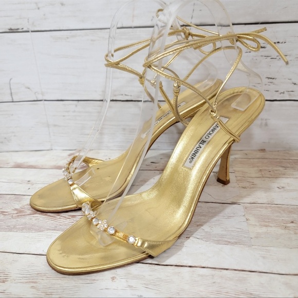 Manolo Blahnik gold jeweled strappy tie up heels size 10 - Picture 3 of 5